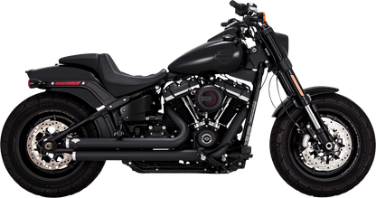 VANCE & HINES Big Shots Staggered Exhaust System in black mounted on a motorcycle, showcasing its sleek design.