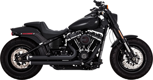 VANCE & HINES Big Shots Staggered Exhaust System in black mounted on a motorcycle, showcasing its sleek design.
