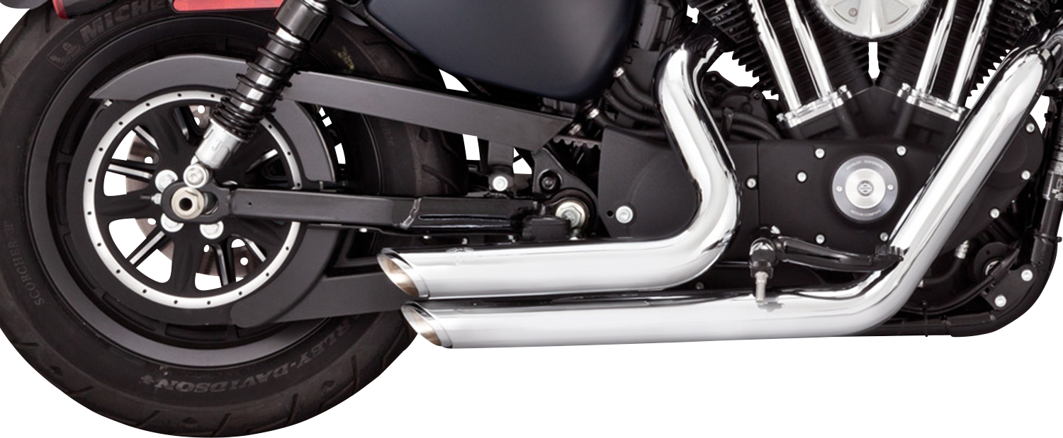 Vance & Hines Shortshots Staggered Chrome Exhaust System installed on motorcycle, showcasing sleek chrome finish and dual pipes.