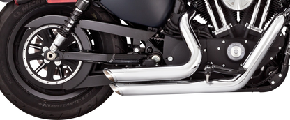 Vance & Hines Shortshots Staggered Chrome Exhaust System installed on motorcycle, showcasing sleek chrome finish and dual pipes.