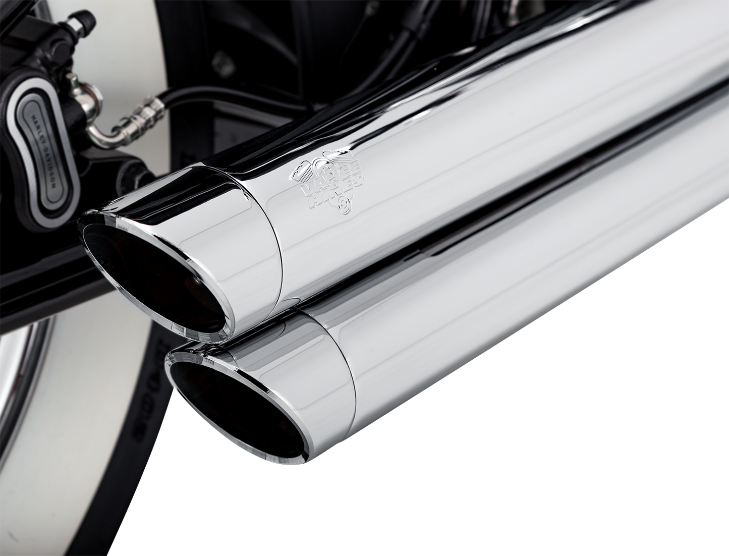 Chrome Vance & Hines Big Shots Staggered Exhaust System for motorcycles, with polished chrome finish and sleek design.