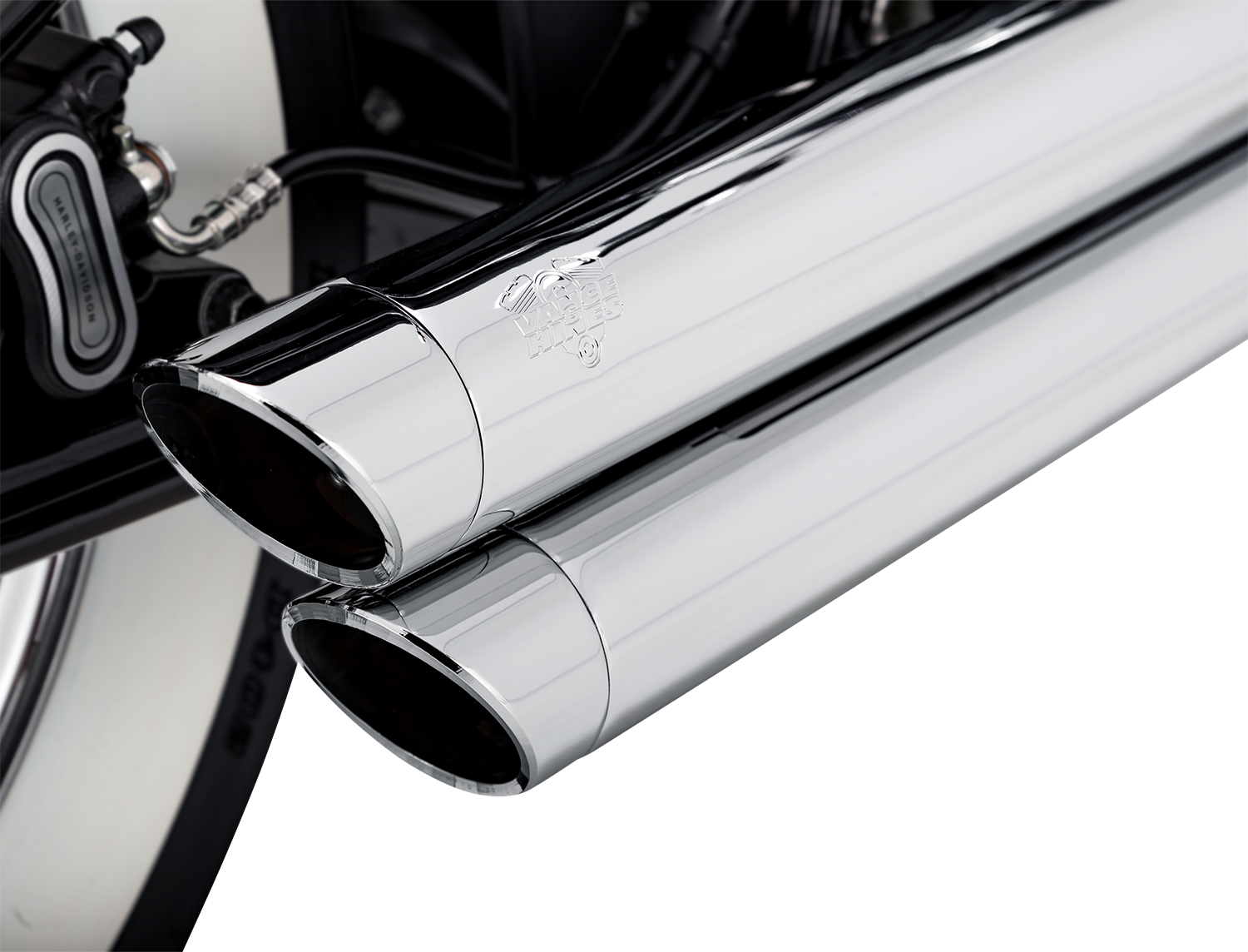 Chrome Vance & Hines Big Shots Staggered Exhaust System for motorcycles, with polished chrome finish and sleek design.