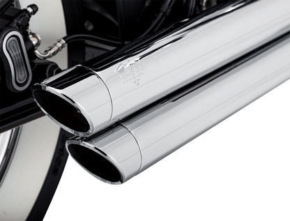 Chrome Vance & Hines Big Shots Staggered Exhaust System for motorcycles, with polished chrome finish and sleek design.