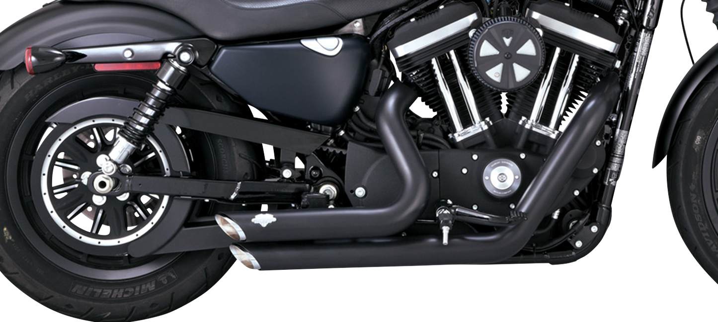 Vance & Hines Shortshots Staggered exhaust system in black for motorcycles, with visible pipes and chrome finishes.