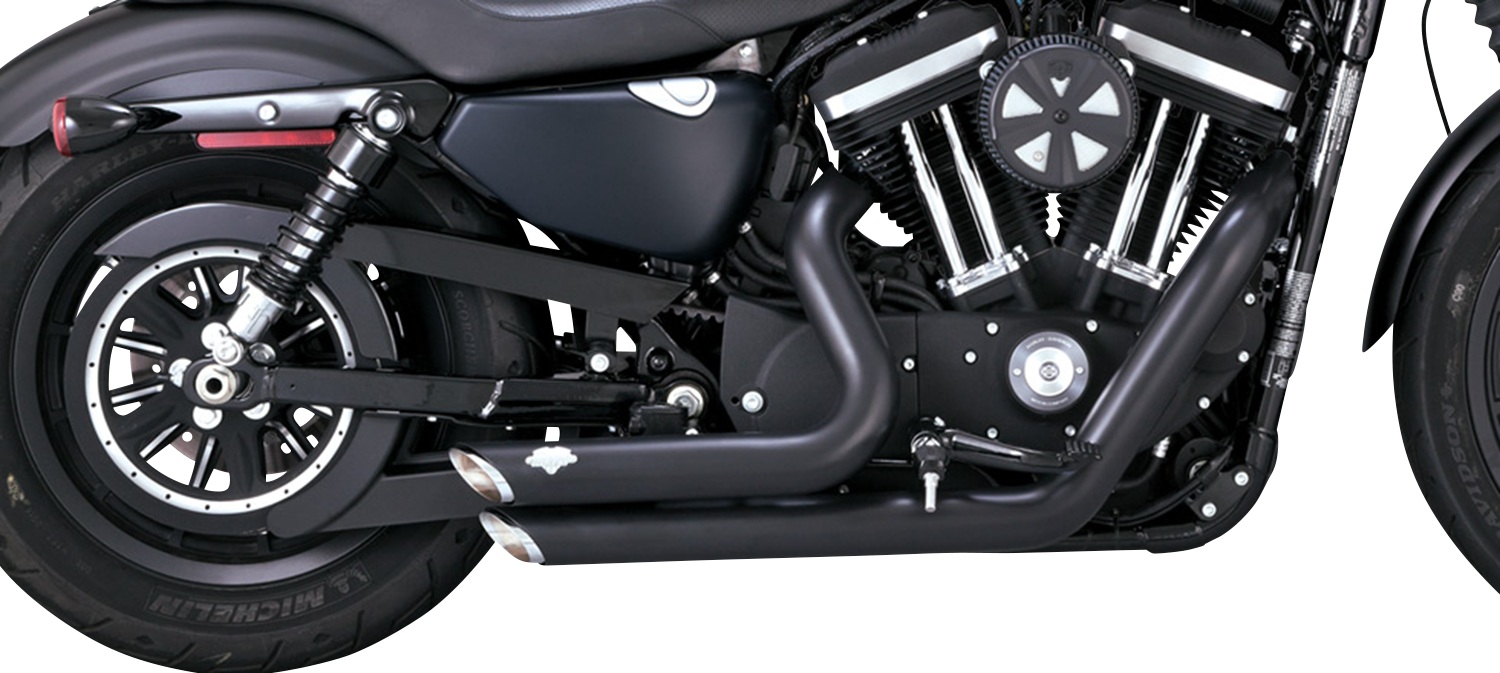 Vance & Hines Shortshots Staggered exhaust system in black for motorcycles, with visible pipes and chrome finishes.