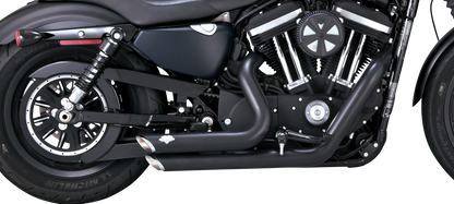 Vance & Hines Shortshots Staggered exhaust system in black for motorcycles, with visible pipes and chrome finishes.