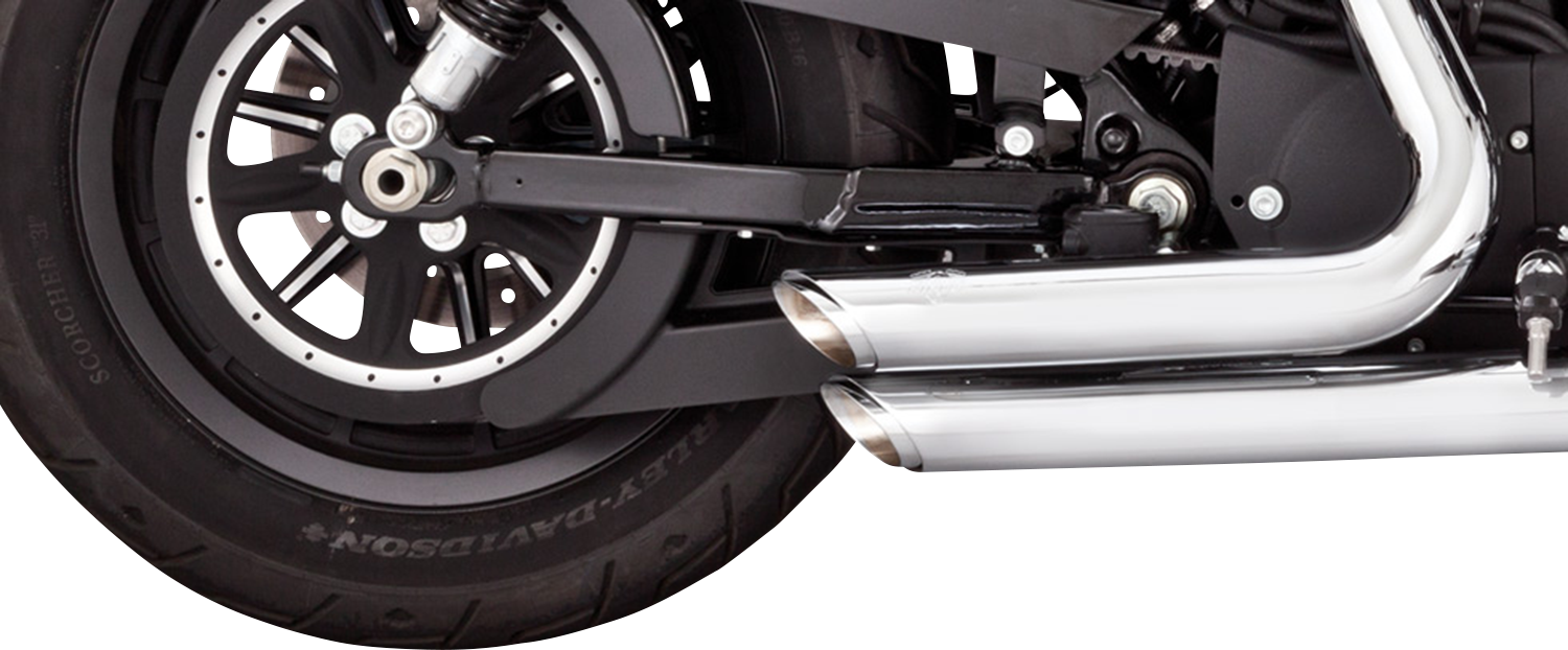 Chrome Vance & Hines Shortshots Staggered Exhaust System for motorcycles, featuring dual pipes and chrome finish.