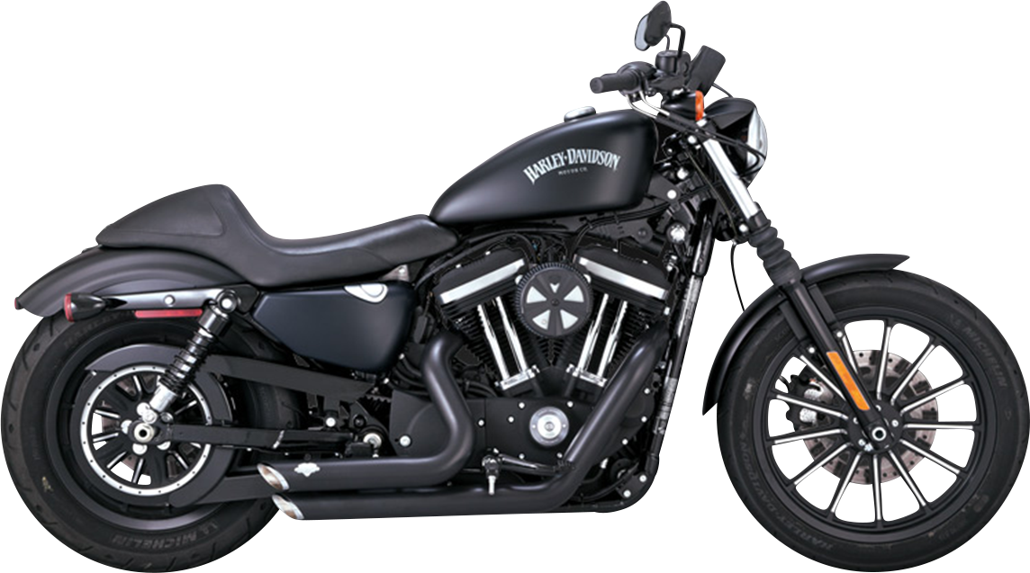 VANCE & HINES Shortshots Staggered black motorcycle exhaust system with chrome tips and mounting brackets.