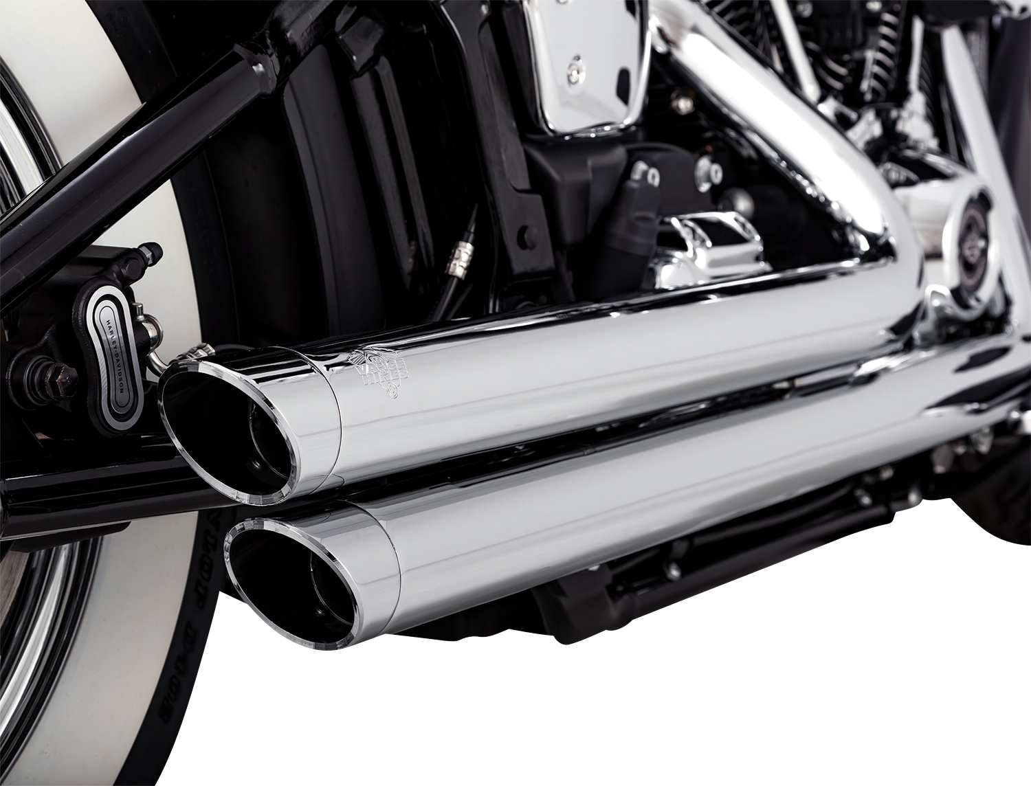 Chrome Vance & Hines Big Shots Staggered Exhaust System for motorcycles, showing the sleek, polished pipes and dual exhaust tips.