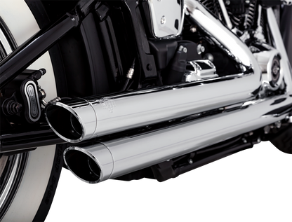 Chrome Vance & Hines Big Shots Staggered Exhaust System for motorcycles, showing the sleek, polished pipes and dual exhaust tips.
