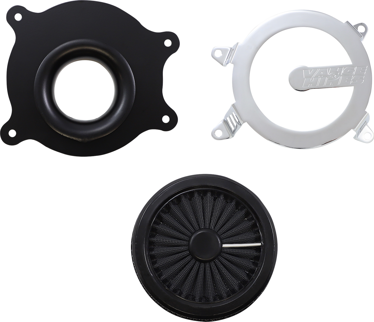Vance & Hines VO2 Cage Fighter chrome air intake kit for motorcycle with polished metal finish and detailed design.