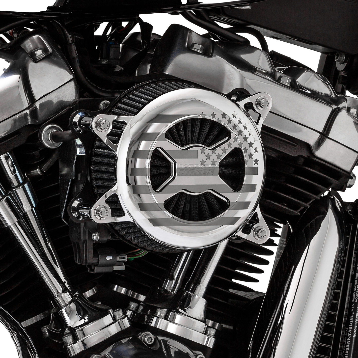 Vance & Hines VO2 America air intake kit in chrome installed on a Harley M8 motorcycle engine.