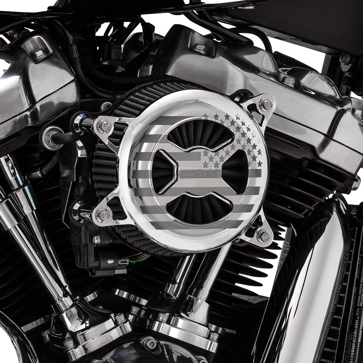 Vance & Hines VO2 America air intake kit in chrome installed on a Harley M8 motorcycle engine.