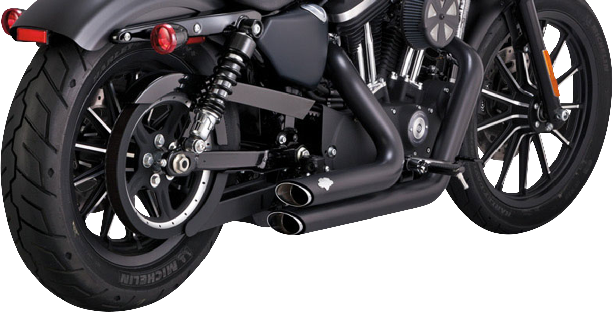 Vance & Hines Shortshots Staggered black exhaust system for motorcycles, part number 47329, with chrome tips and dual mufflers.