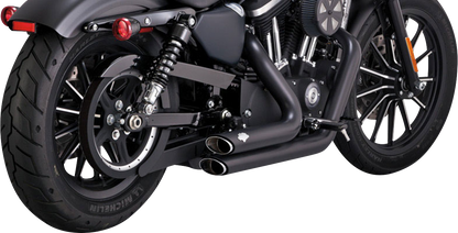 Vance & Hines Shortshots Staggered black exhaust system for motorcycles, part number 47329, with chrome tips and dual mufflers.