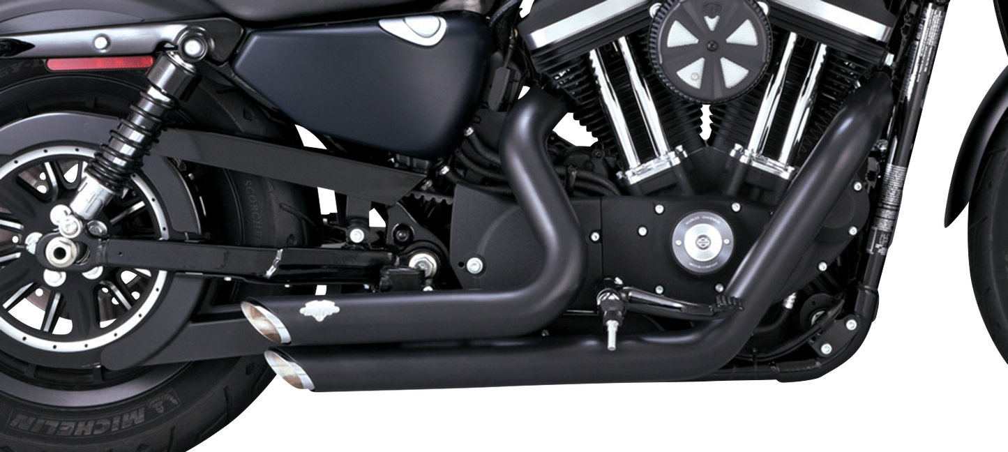 VANCE & HINES Shortshots Staggered Exhaust System in black for motorcycle, with chrome tips and mounting hardware visible.