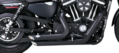 VANCE & HINES Shortshots Staggered Exhaust System in black for motorcycle, with chrome tips and mounting hardware visible.