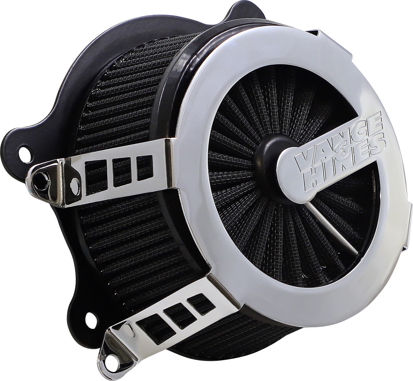 Vance & Hines VO2 Cage Fighter air intake kit in chrome for motorcycle, featuring sleek design and branded Vance & Hines logo.