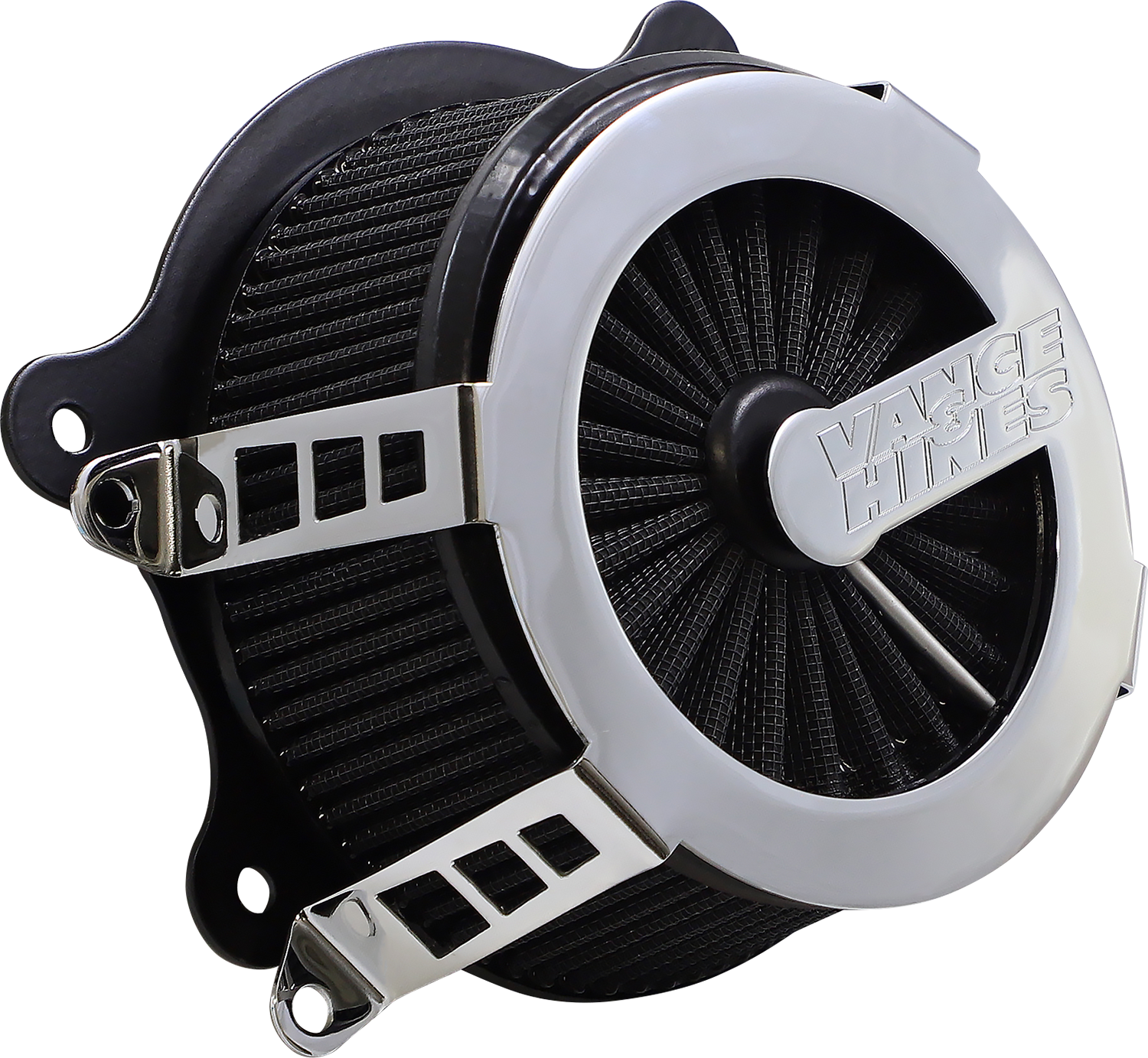 Vance & Hines VO2 Cage Fighter air intake kit in chrome for motorcycle, featuring sleek design and branded Vance & Hines logo.