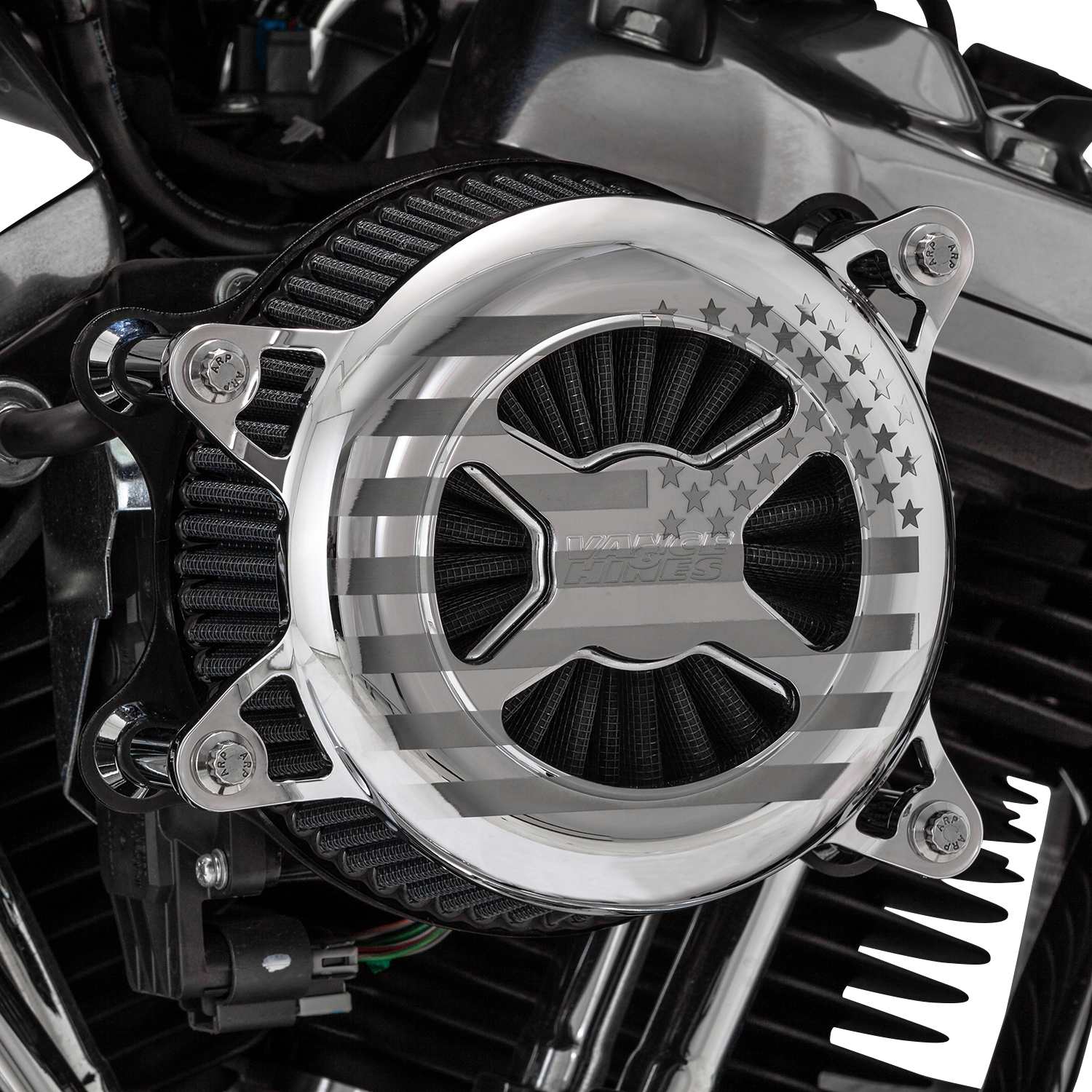 Chrome Vance & Hines VO2 America air intake kit for M8 Harley-Davidson models, shown on a motorcycle engine.