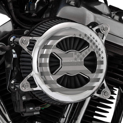 Chrome Vance & Hines VO2 America air intake kit for M8 Harley-Davidson models, shown on a motorcycle engine.