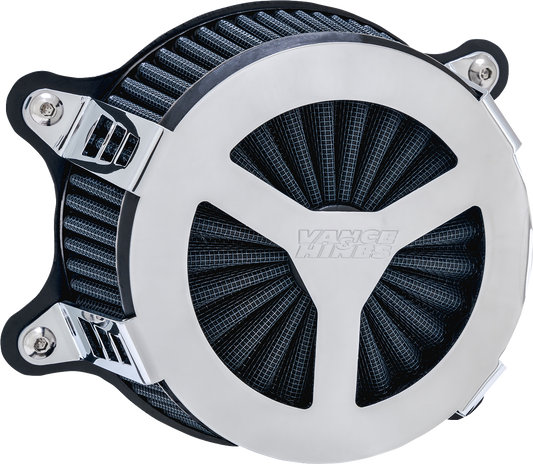 Vance & Hines VO2 Radiant III chrome air intake system for motorcycle, featuring polished metal finish and detailed design.