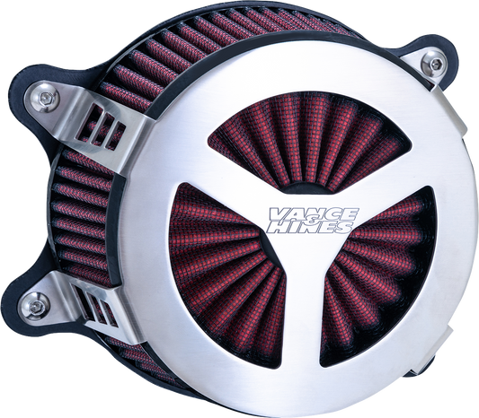 Vance & Hines VO2 Radiant III brushed steel air intake for motorcycle, featuring sleek design and durable construction.