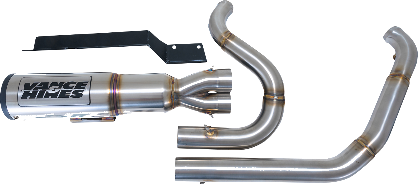 VANCE & HINES Hi-Output RR exhaust system for motorcycles, featuring chrome finish and dual exhaust pipes.