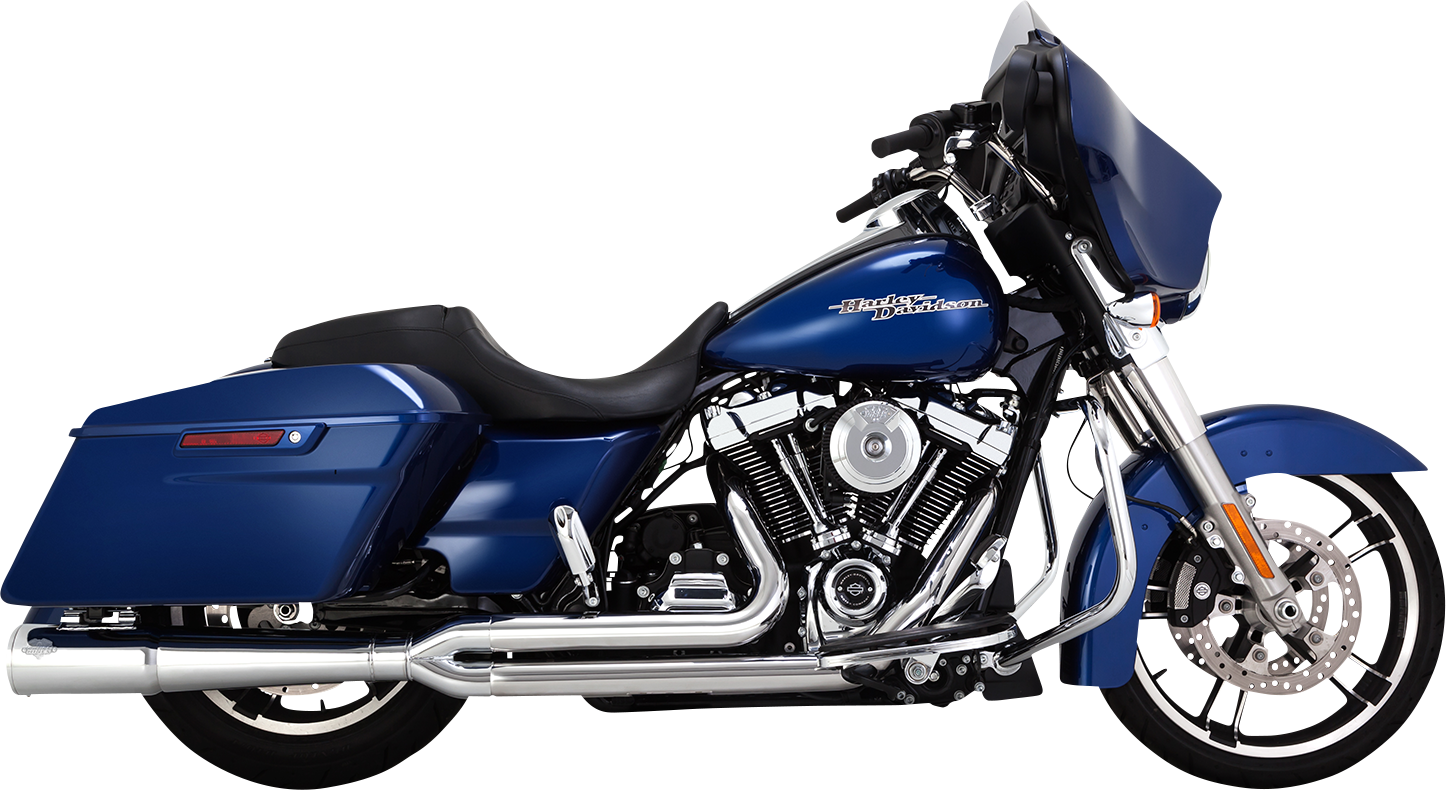 Chrome Vance & Hines Pro Pipe exhaust system with PCX™ technology for motorcycles, featuring sleek chrome finish and polished details.