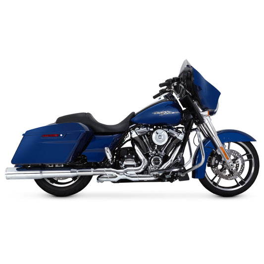 Chrome Vance & Hines Power Duals head pipe for Harley-Davidson motorcycles, high-flow exhaust system with polished finish.