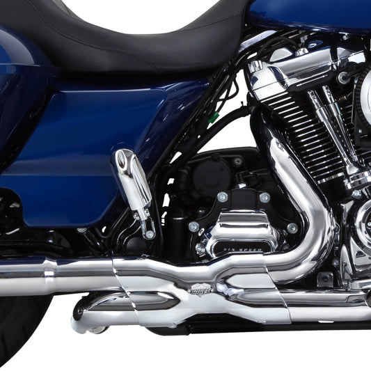 Chrome Vance & Hines Power Duals head pipe for Harley-Davidson motorcycles, high-flow exhaust system with polished finish.