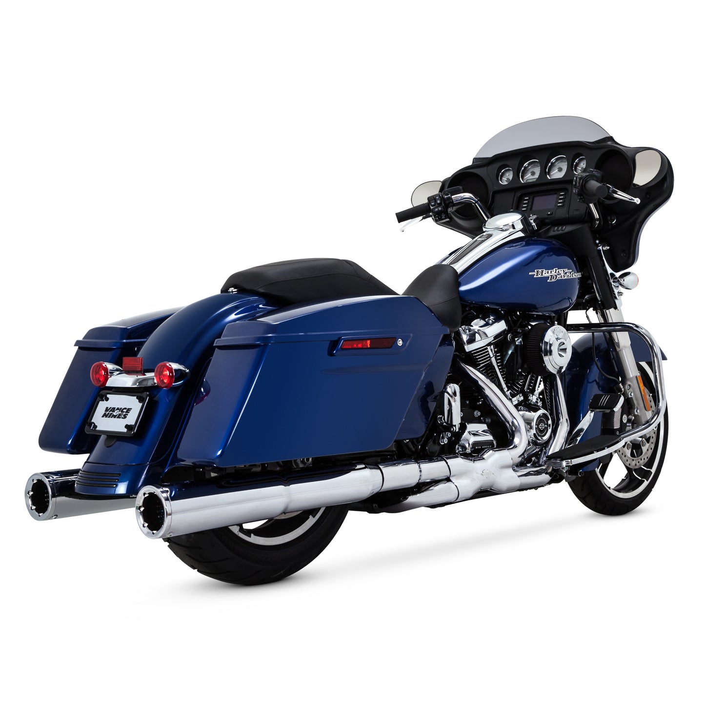 Chrome Vance & Hines Power Duals head pipe for Harley-Davidson motorcycles, high-flow exhaust system with dual chrome pipes.