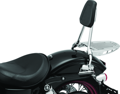 Kuryakyn chrome luggage rack sissy bar for Harley-Davidson sissy bars, part #6580, mounted on motorcycle rear.