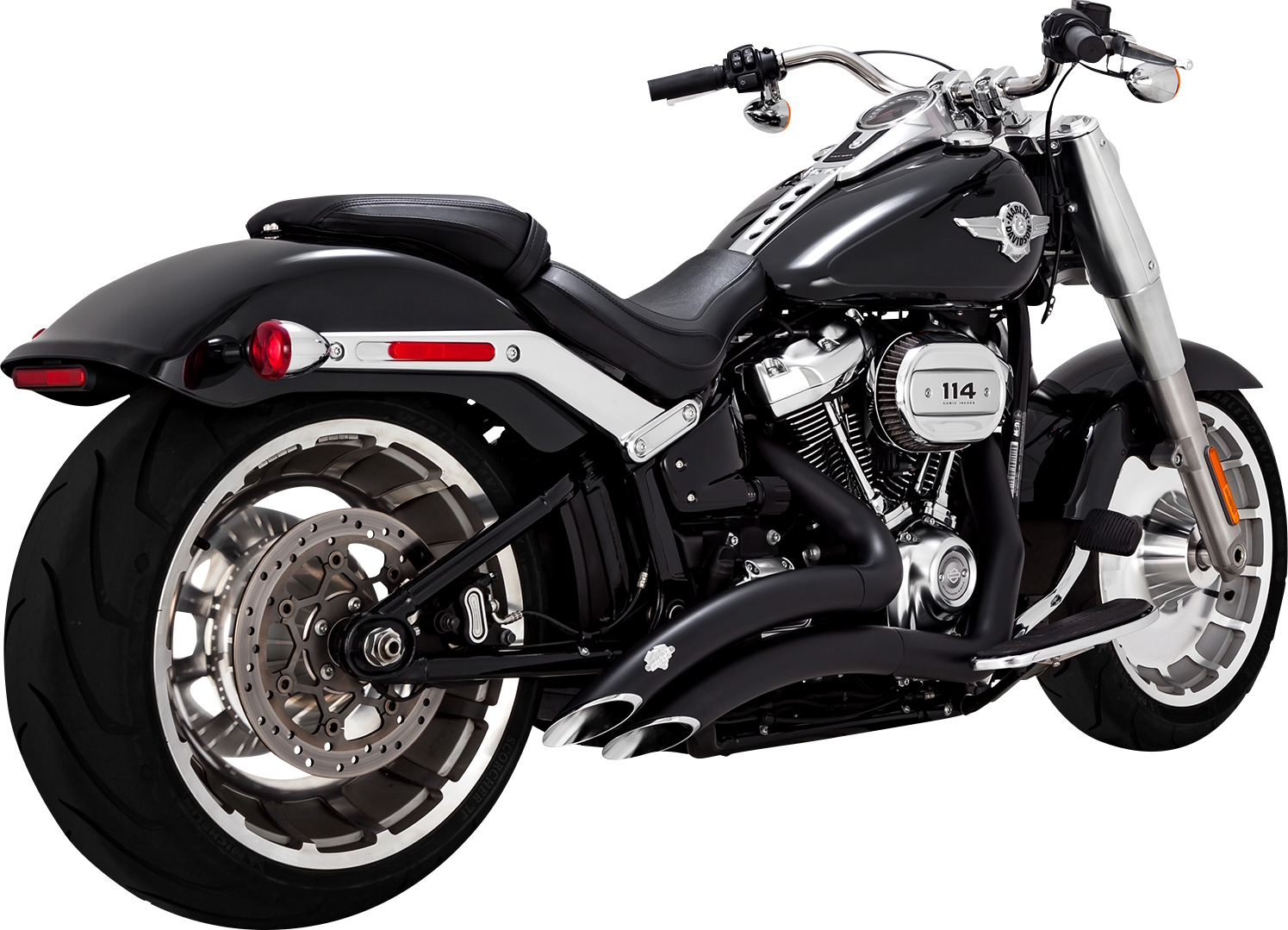 VANCE & HINES Big Radius exhaust system in black with curved pipes and chrome tips, designed for motorcycle performance.