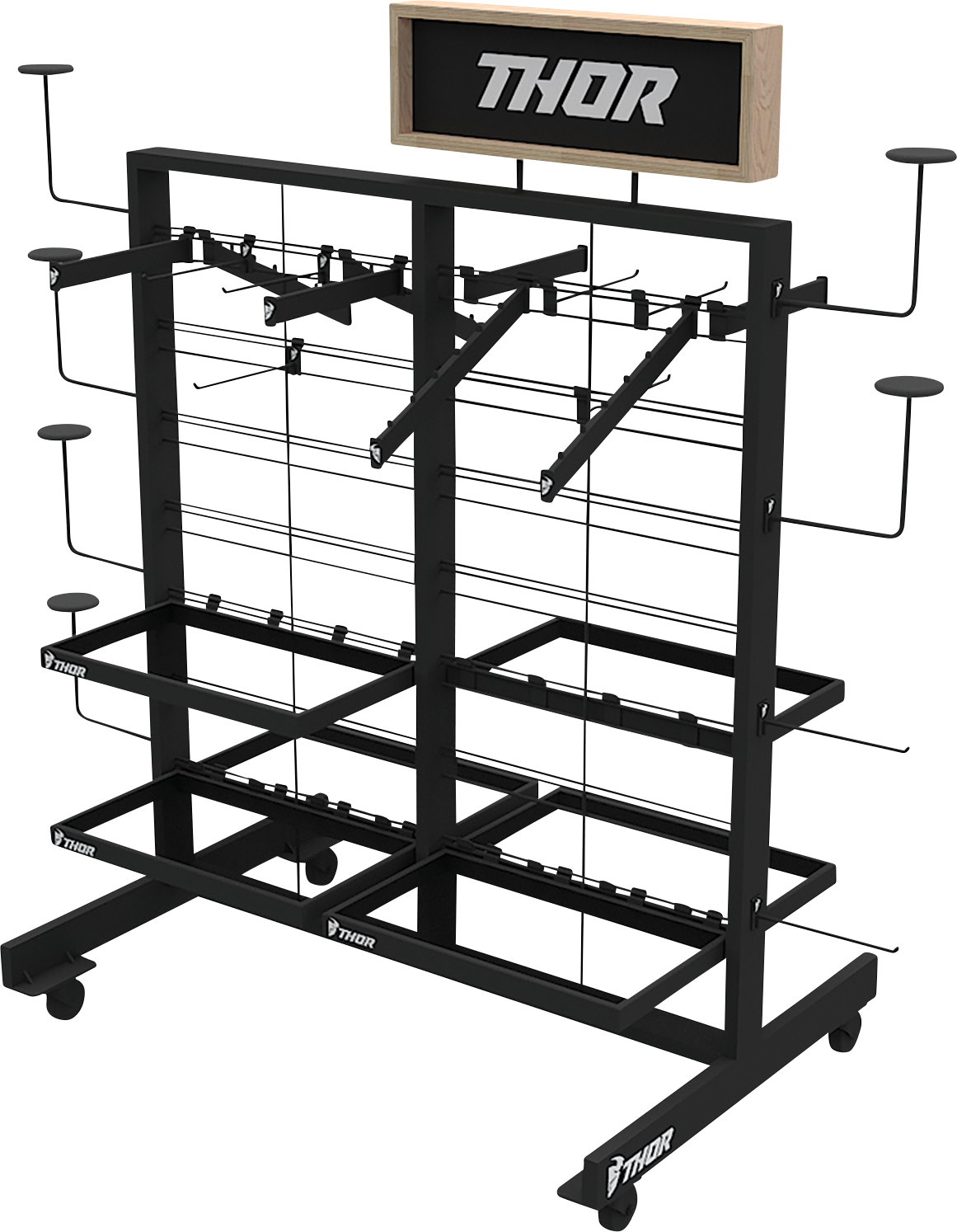 THOR Gondola display unit with helmet hooks, shelves, and accessories, designed for showcasing motorcycle gear and apparel.