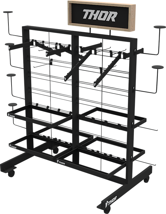 THOR Gondola display unit with helmet hooks, shelves, and accessories, designed for showcasing motorcycle gear and apparel.