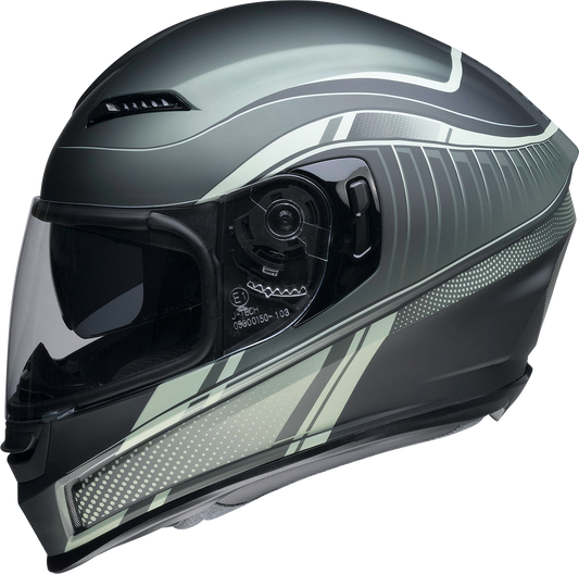 Z1R Jackal helmet in Dark Matter Green with injection-molded polycarbonate shell, anti-fog shield, and drop-down sun visor.