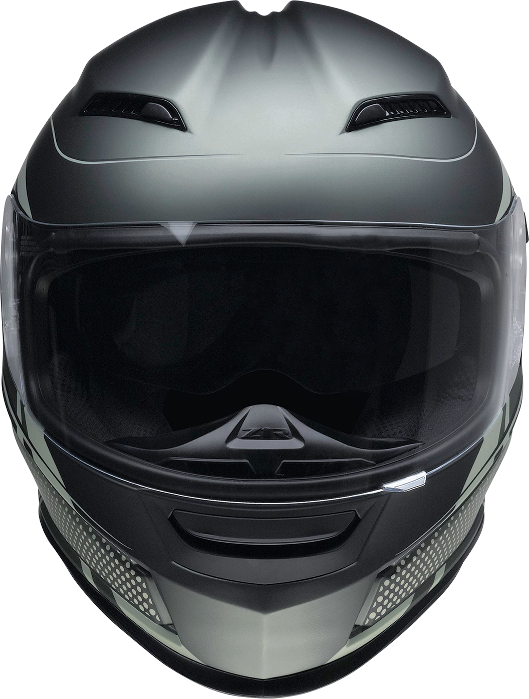 Z1R Jackal helmet in dark matter green with injection-molded polycarbonate shell, anti-fog shield, and drop-down sun visor.