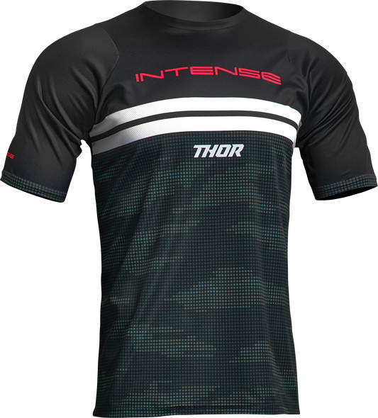 THOR Intense Assist Decoy short-sleeve jersey in black and camo, XL, featuring breathable fabric and motocross-style design.