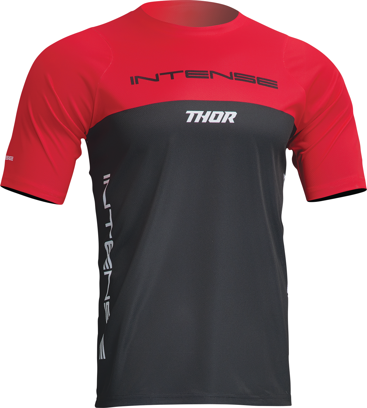 Red and black THOR Intense Assist Censis short-sleeve jersey, men's XL cycling jersey with breathable fabric and bold design.