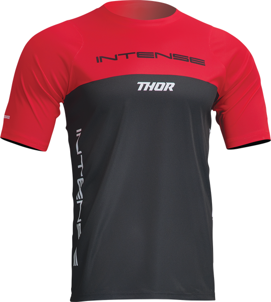 Red and black THOR Intense Assist Censis short-sleeve jersey, men's XL cycling jersey with breathable fabric and bold design.