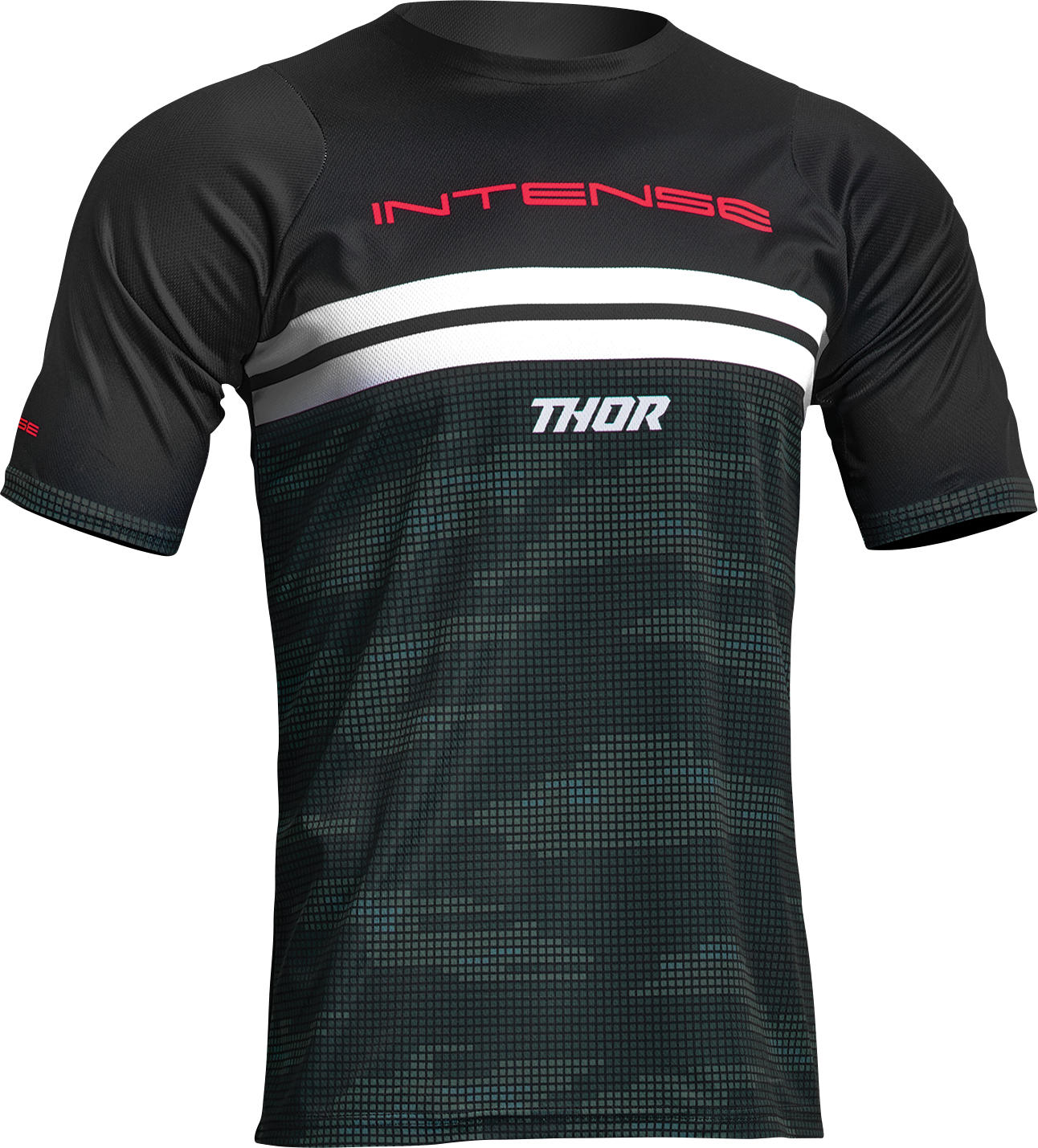 THOR Intense Assist MTB e-MTB short-sleeve jersey in black and camo, size medium with lightweight, breathable fabric.