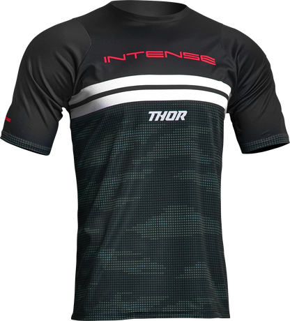 THOR Intense Assist MTB e-MTB short-sleeve jersey in black and camo, size medium with lightweight, breathable fabric.