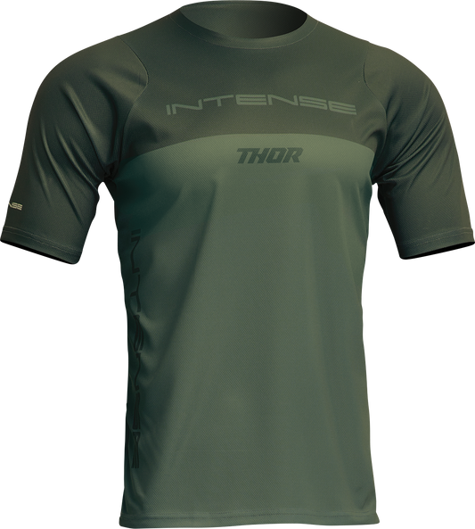 THOR Intense Assist Censis short-sleeve cycling jersey in forest green, medium size, with breathable fabric and sleek fit.