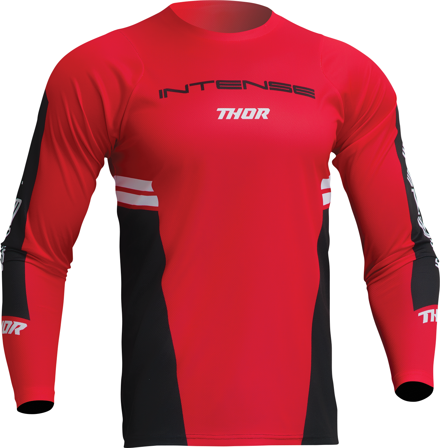Red and black THOR Intense Assist Berm long-sleeve motocross jersey with logo details, size large, designed for motocross riding.