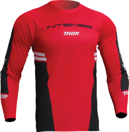 Red and black THOR Intense Assist Berm long-sleeve motocross jersey with logo details, size large, designed for motocross riding.