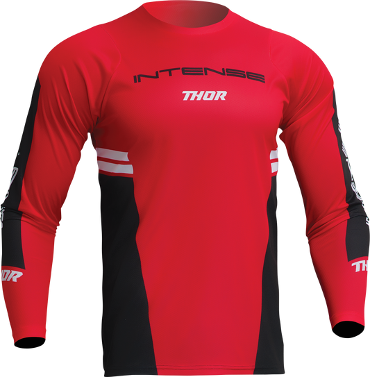 Red and black THOR Intense Assist Berm long-sleeve motocross jersey with logo details, size large, designed for motocross riding.