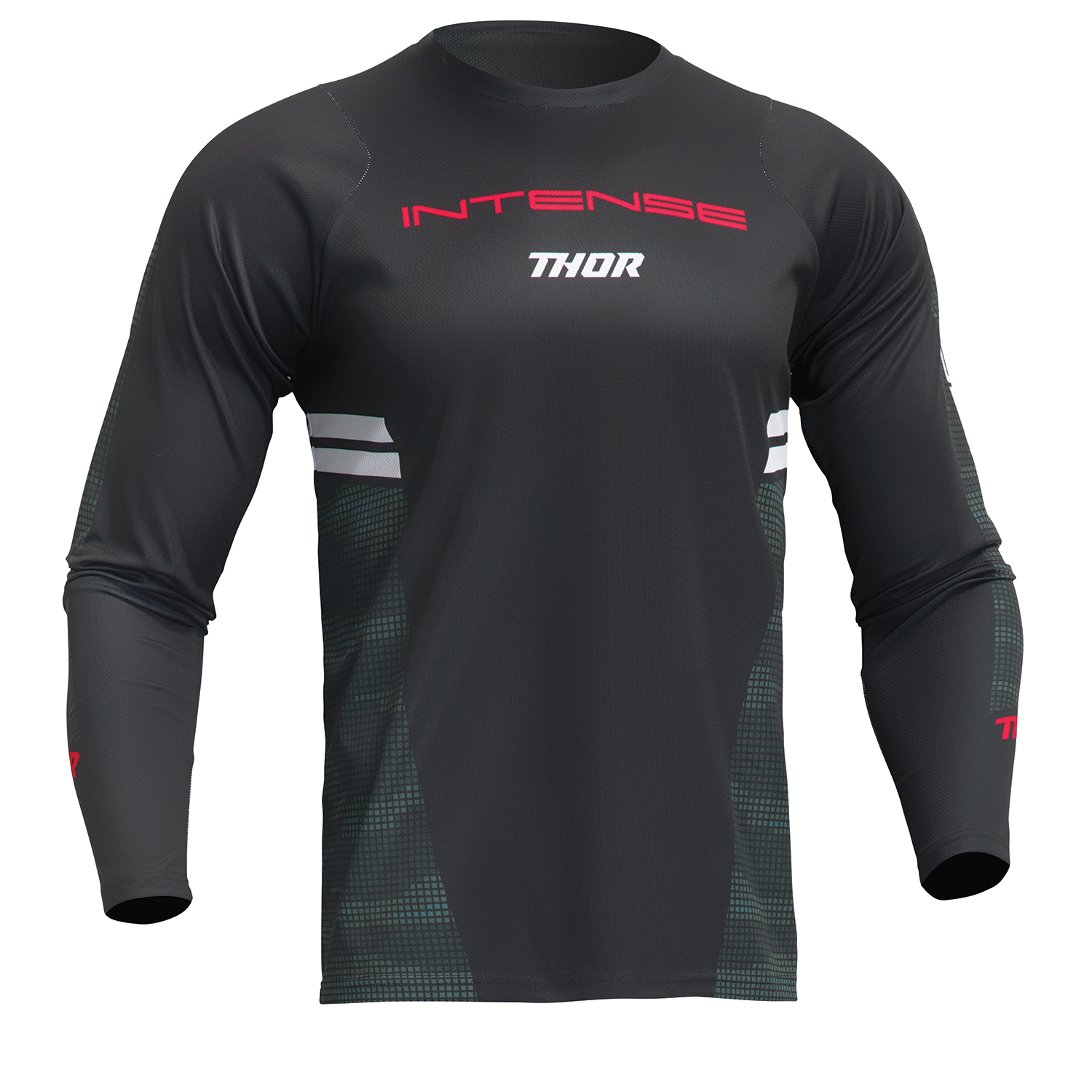 Black and camo THOR Intense Assist Berm long-sleeve jersey featuring breathable fabric and athletic fit, ideal for motocross riding.