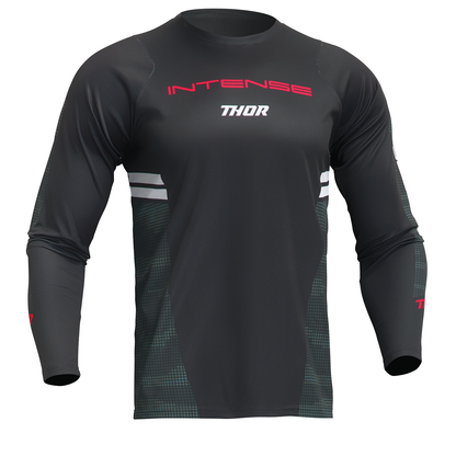 Black and camo THOR Intense Assist Berm long-sleeve jersey featuring breathable fabric and athletic fit, ideal for motocross riding.