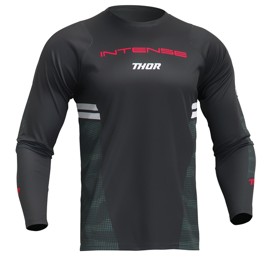 Black and camo THOR Intense Assist Berm long-sleeve jersey featuring breathable fabric and athletic fit, ideal for motocross riding.